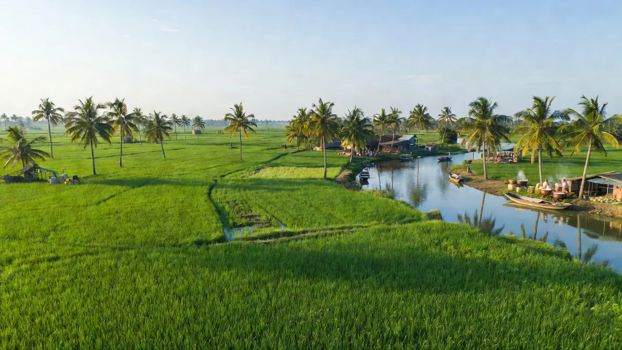 Phong cảnh huyện Giồng Trôm, Bến Tre với đồng xanh và làng nghề truyền thống bên sông.