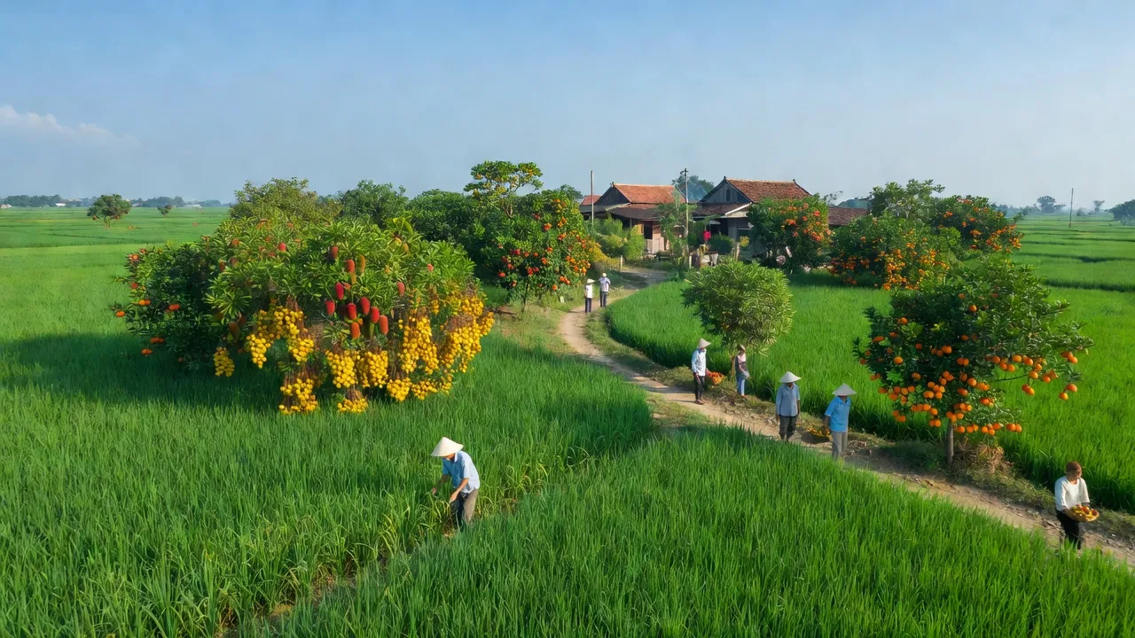 Cảnh đồng nông nghiệp ở xã Bình Hoà, huyện Giồng Trôm, tỉnh Bến Tre, với cây ăn trái và bầu trời xanh.