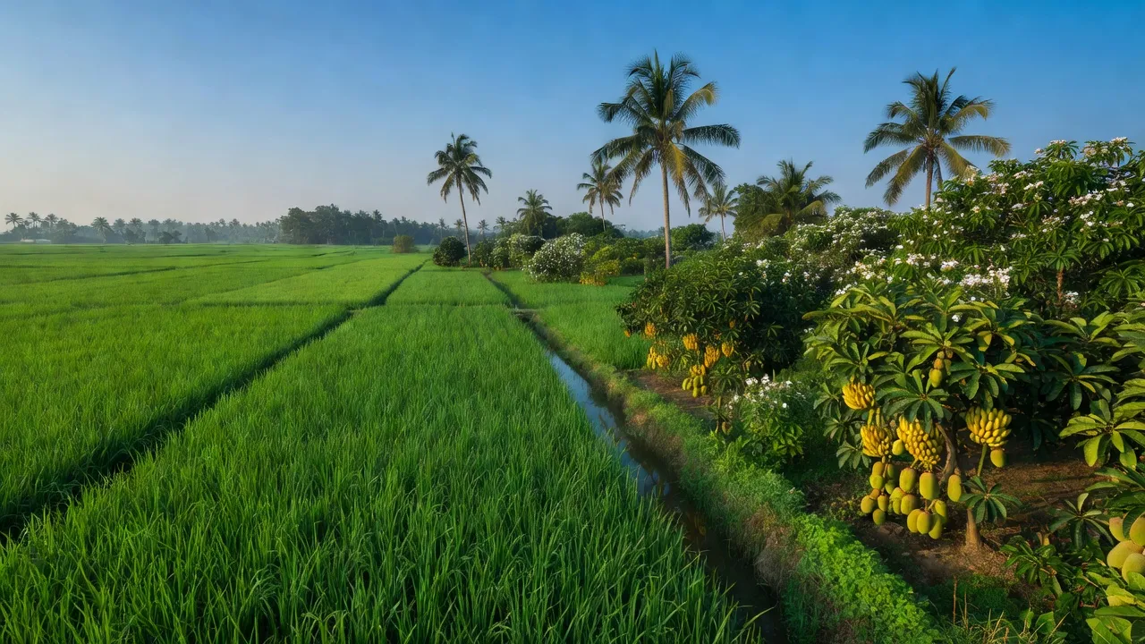 Cảnh quan xã Bình Hoà, huyện Giồng Trôm, Bến Tre với cánh đồng lúa và vườn trái cây.