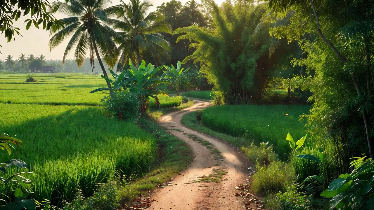 Cảnh quan nông thôn Bình Thành, Giồng Trôm, Bến Tre với cánh đồng xanh và cây cối tươi tốt.
