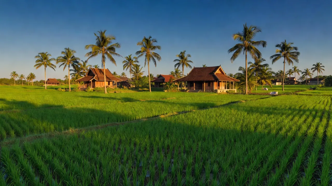 Khung cảnh làng Bình Thành, Giồng Trôm, Bến Tre với cánh đồng xanh và nhà truyền thống.