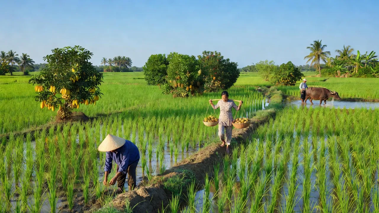 Cảnh quan xã Châu Bình, huyện Giồng Trôm, Bến Tre với đồng lúa và vườn cây ăn trái.