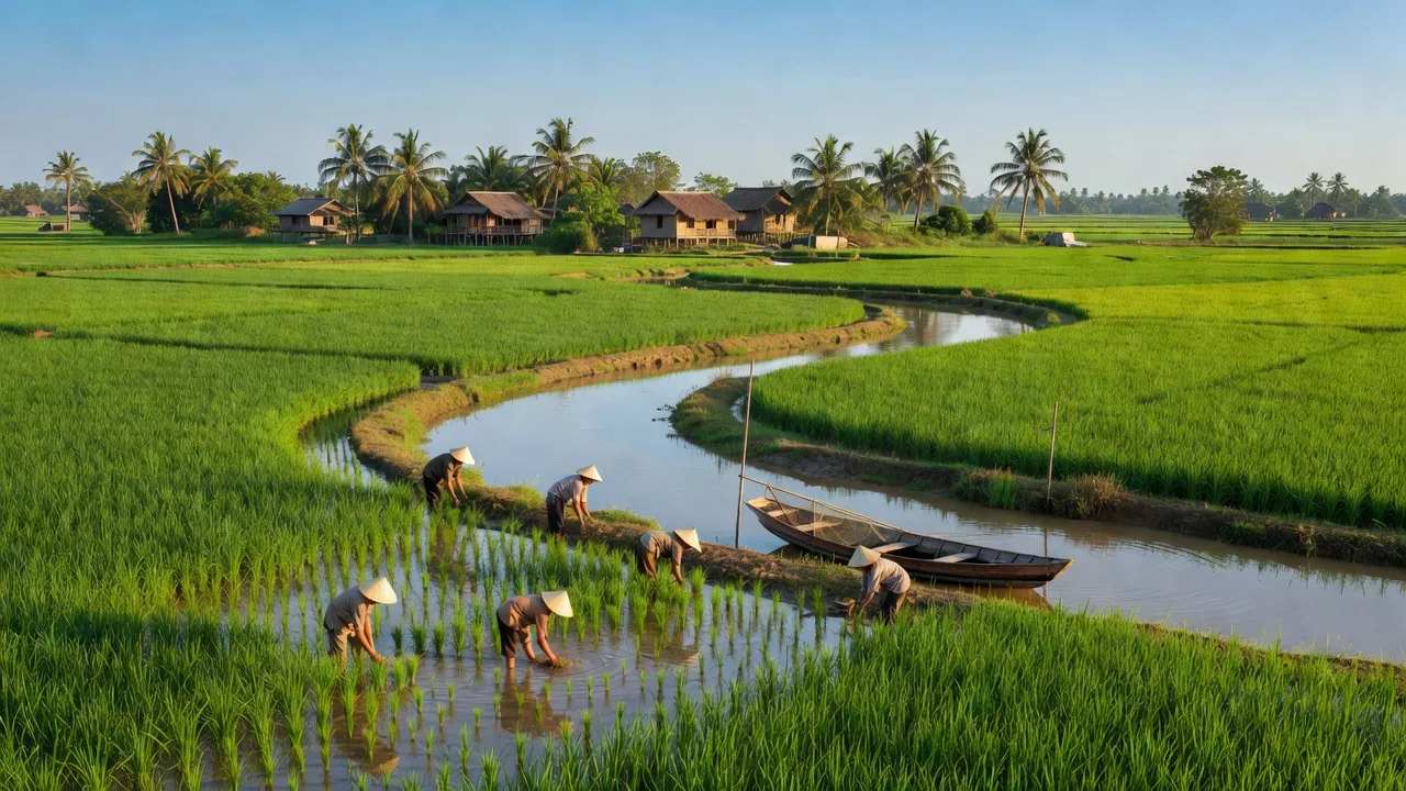 Cảnh đẹp xã Châu Hòa, huyện Giồng Trôm, Bến Tre với cánh đồng xanh và dòng sông uốn lượn.