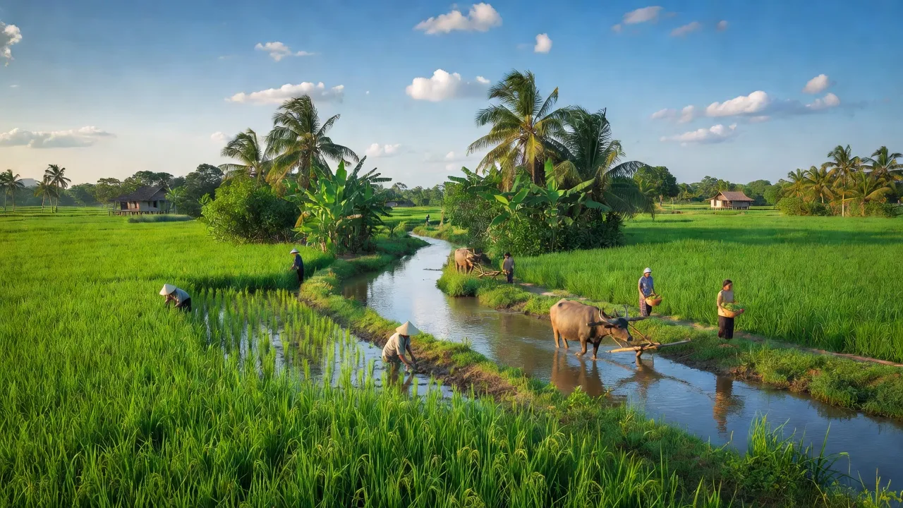 Cảnh đồng quê Xã Châu Hòa, Giồng Trôm, Bến Tre với cánh đồng xanh, sông nước và hoạt động nông nghiệp.