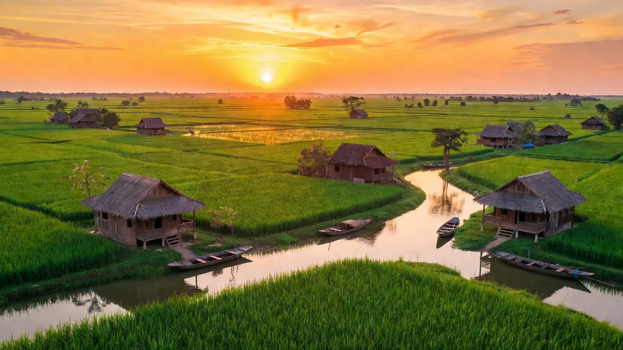 Cảnh đẹp nông thôn xã Hưng Lễ, huyện Giồng Trôm, tỉnh Bến Tre với ruộng xanh và dòng sông yên bình.