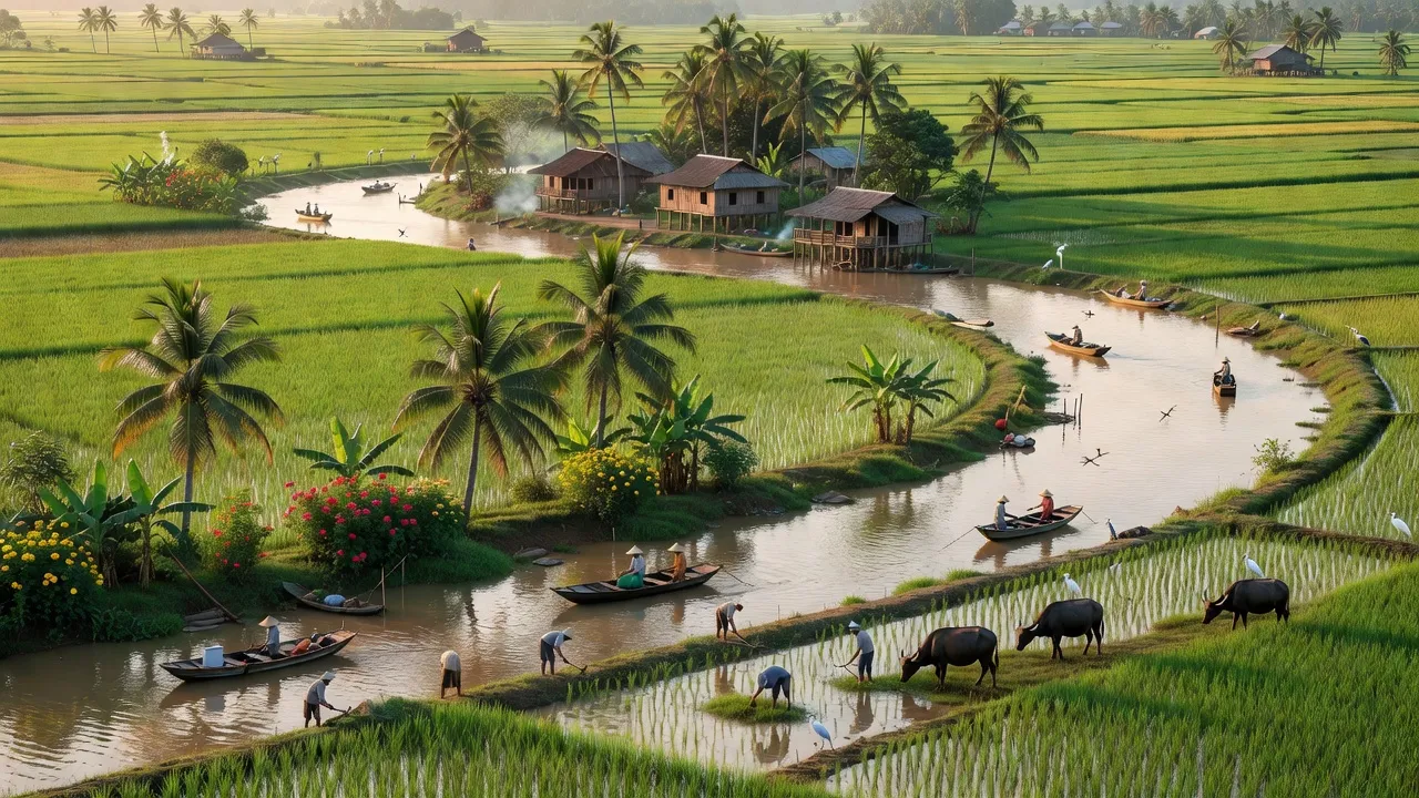 Hưng Phong, Giồng Trôm, Bến Tre with lush fields and winding rivers, showcasing local agriculture.
