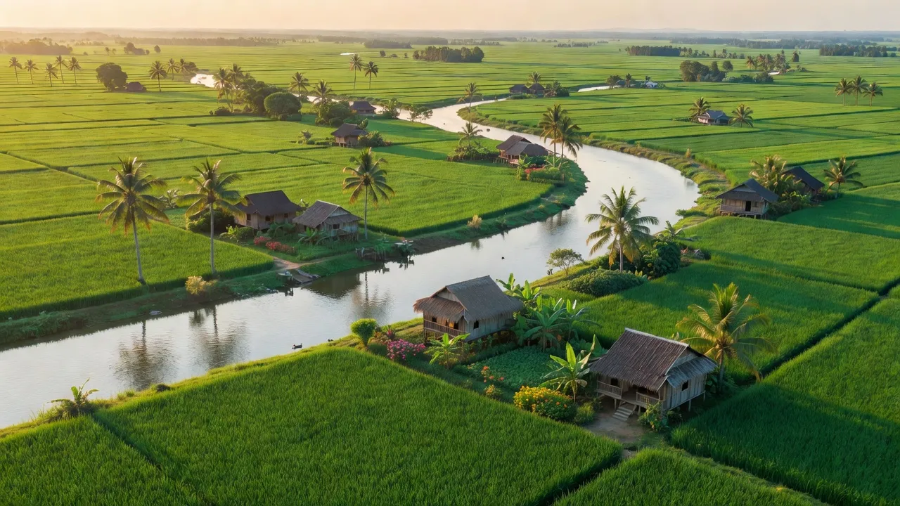 Cảnh quan xã Lương Hòa, Giồng Trôm, Bến Tre với cánh đồng xanh và dòng sông tĩnh lặng.