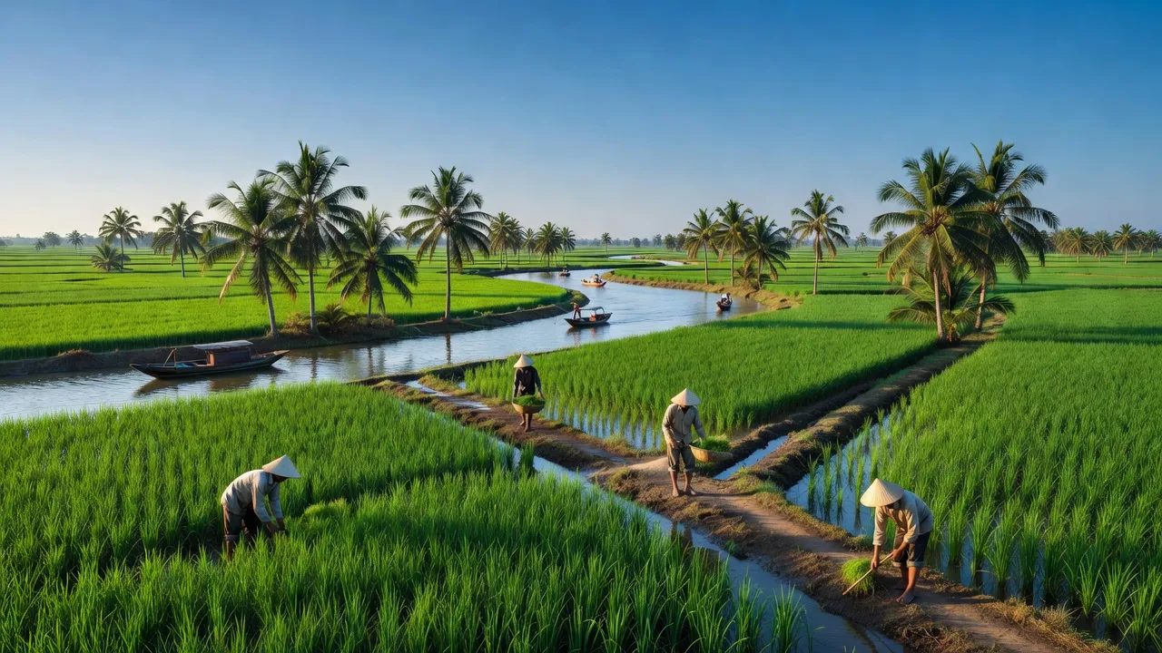 Cảnh sắc thanh bình xã Lương Hòa, Giồng Trôm, Bến Tre với đồng lúa xanh, sông nước trong veo.
