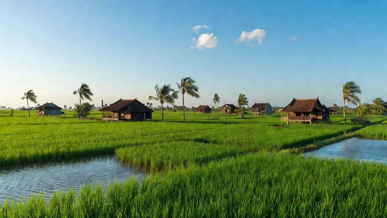 Khung cảnh yên bình ở xã Lương Phú, huyện Giồng Trôm, tỉnh Bến Tre với cánh đồng xanh màu mỡ.