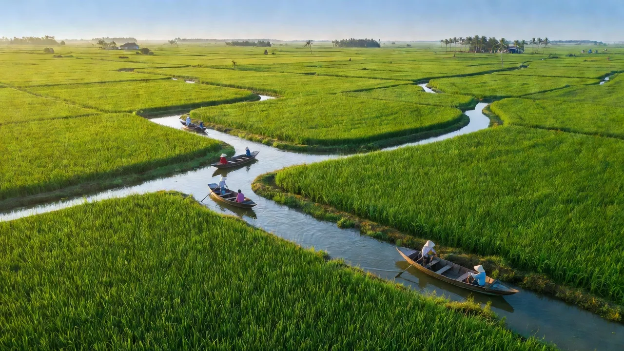 Khung cảnh xã Lương Quới, huyện Giồng Trôm, Bến Tre với cánh đồng và kênh rạch.