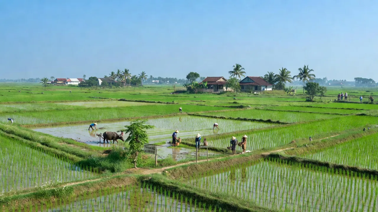 Khung cảnh xã Phong Nẫm, Giồng Trôm, Bến Tre với cánh đồng xanh tươi và nông dân làm ruộng.