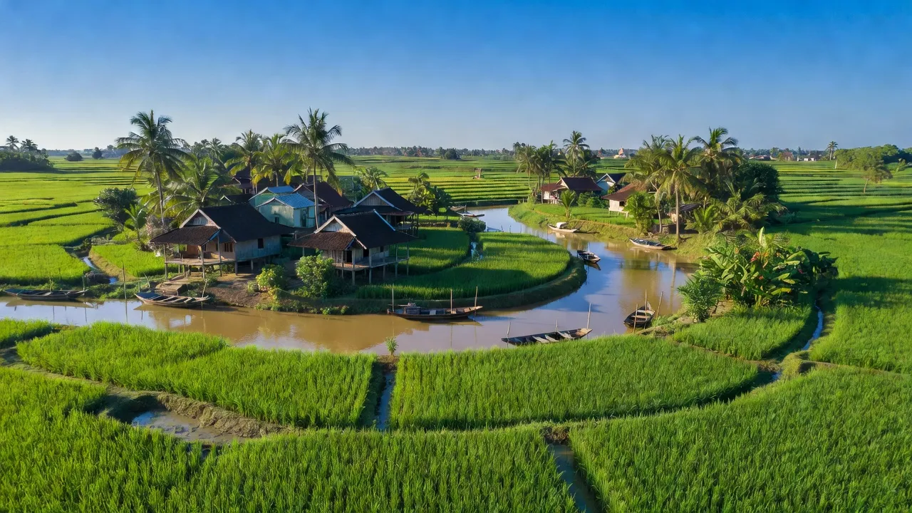 Cảnh đẹp Xã Phước Long, Huyện Giồng Trôm, Bến Tre với cánh đồng xanh và dòng sông uốn khúc.
