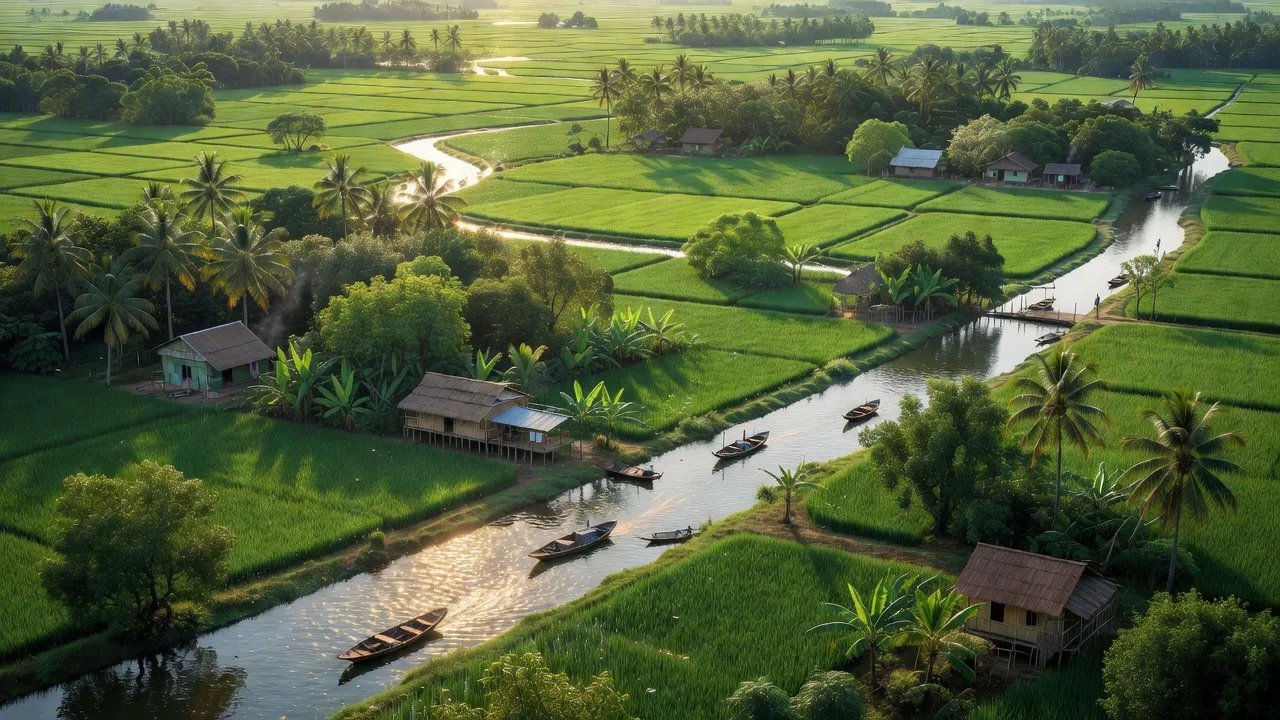Phong cảnh Sơn Phú, Giồng Trôm với đồng xanh, nhà nông thôn và mặt nước trong Bến Tre.