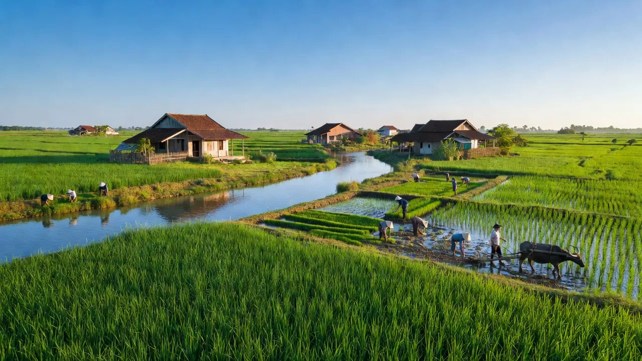Khung cảnh yên bình ở xã Tân Hào, huyện Giồng Trôm, với cánh đồng xanh và dòng sông.