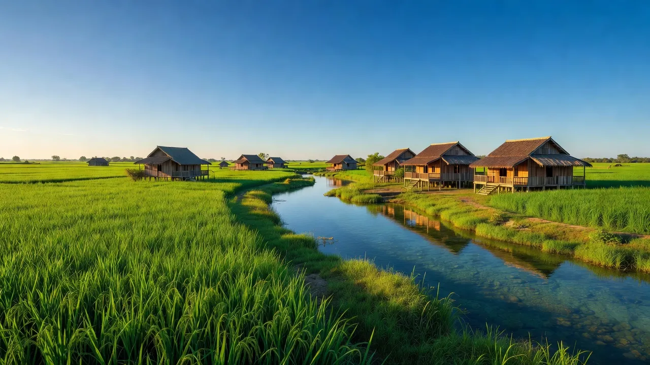 Cảnh quan xã Tân Lợi Thạnh, huyện Giồng Trôm, tỉnh Bến Tre với cánh đồng và dòng sông xanh.