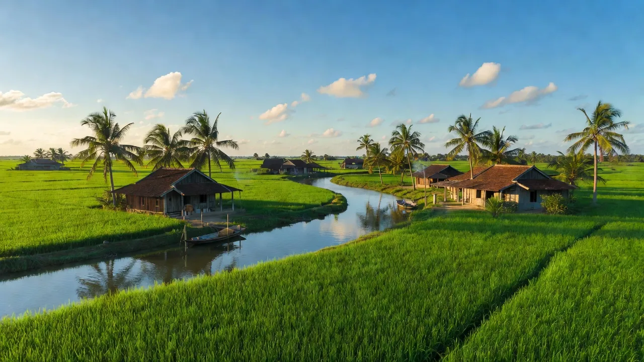 Cảnh đồng xanh Tân Thanh, Giồng Trôm, Bến Tre với nhà truyền thống và cây dừa.