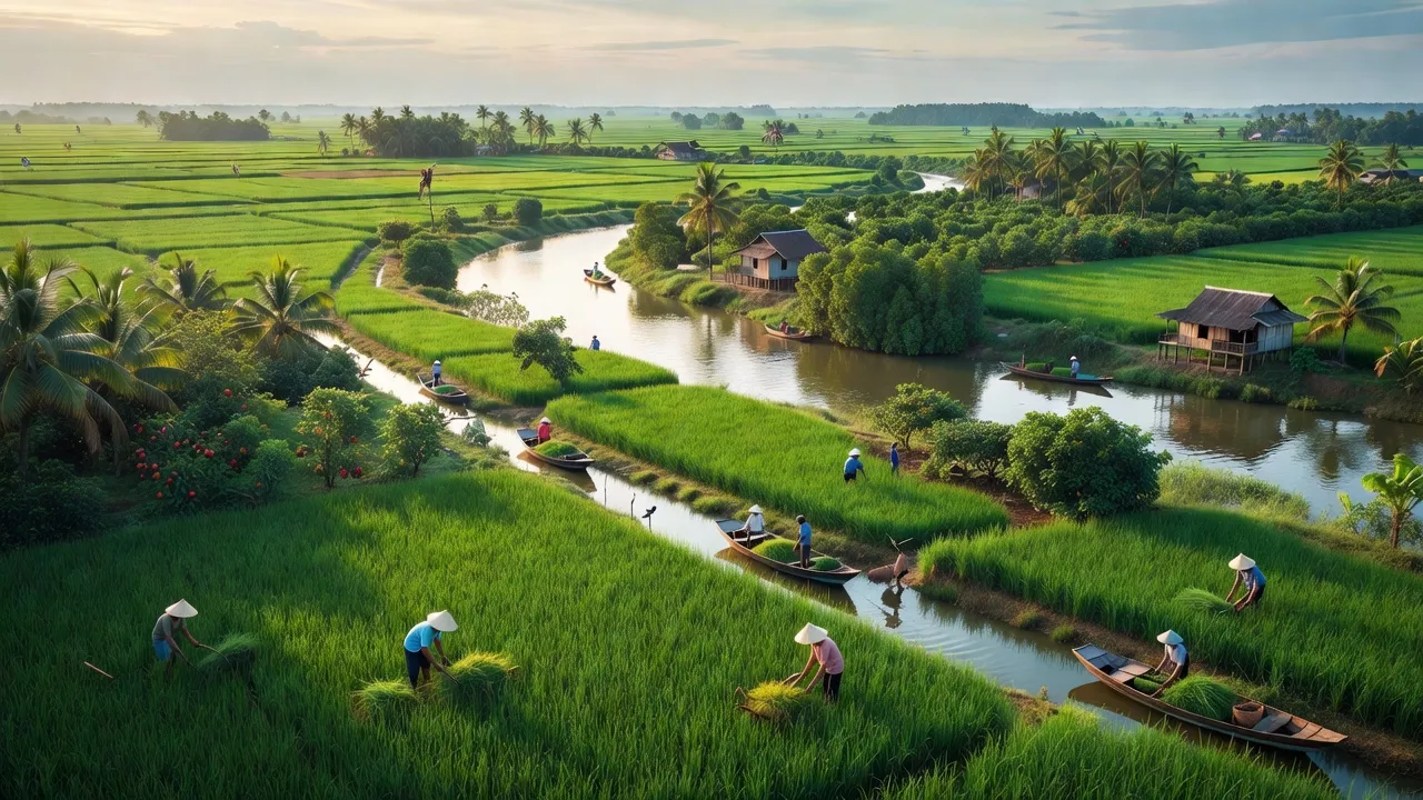 Tân Thanh, Giồng Trôm, Bến Tre with lush fields, rivers and local agricultural life, peaceful rural scene.