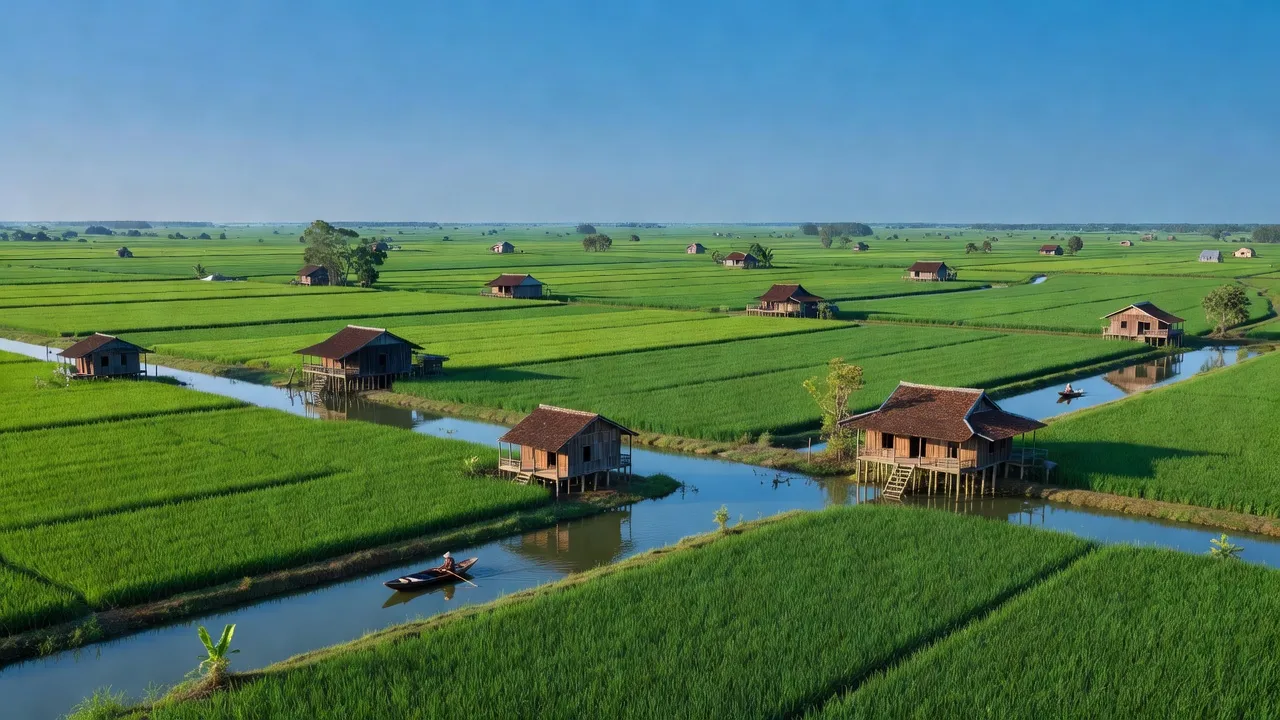 Thạnh Phú Đông, Giồng Trôm, Bến Tre with rice fields, waterways, and rural houses under blue sky.