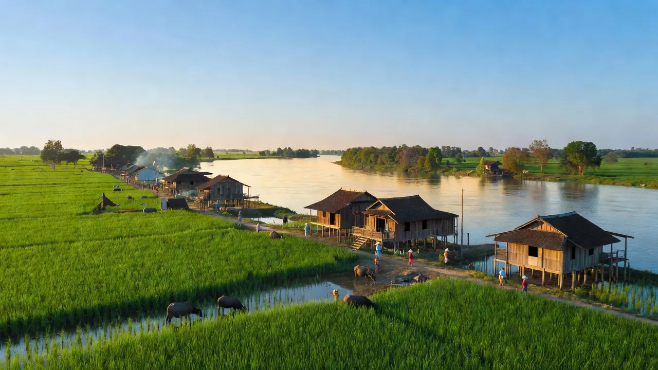 Cảnh quan Xã Thuận Điền, huyện Giồng Trôm, Bến Tre với cánh đồng xanh và sông nước.