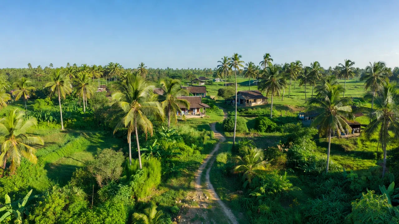 Khung cảnh huyện Mỏ Cày Bắc, tỉnh Bến Tre với cánh đồng xanh và nhà cửa, thiên nhiên tươi đẹp.