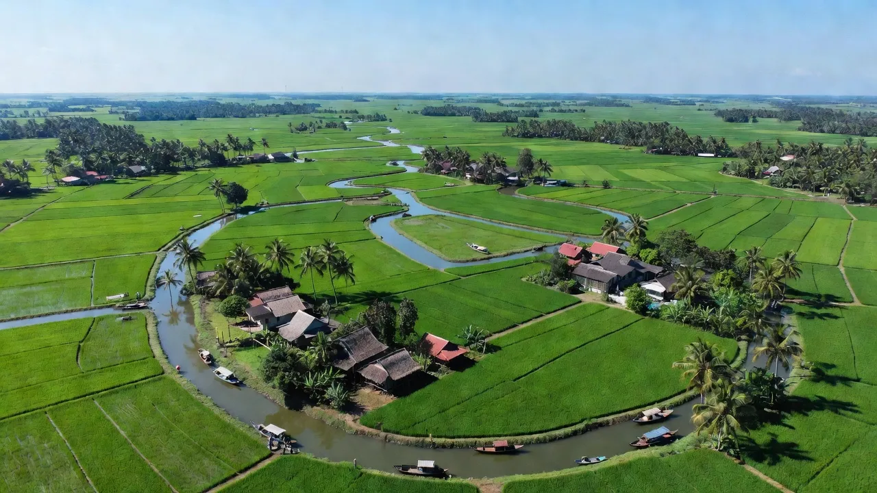 Mỏ Cày Bắc, Bến Tre, với cánh đồng xanh, sông nước và nhà truyền thống Việt Nam, nổi bật vẻ đẹp nông thôn.
