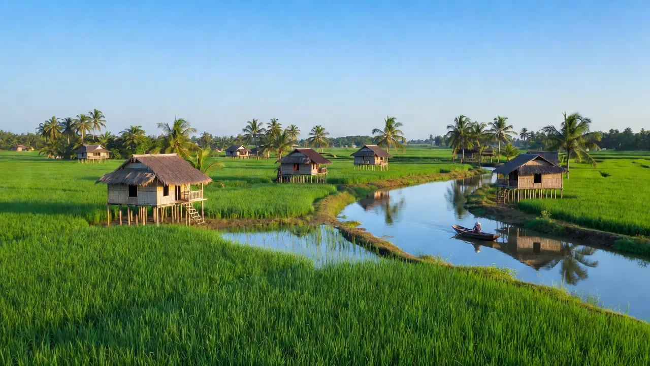 Cảnh đồng xanh và nhà sàn truyền thống tại xã Hòa Lộc, huyện Mỏ Cày Bắc, tỉnh Bến Tre