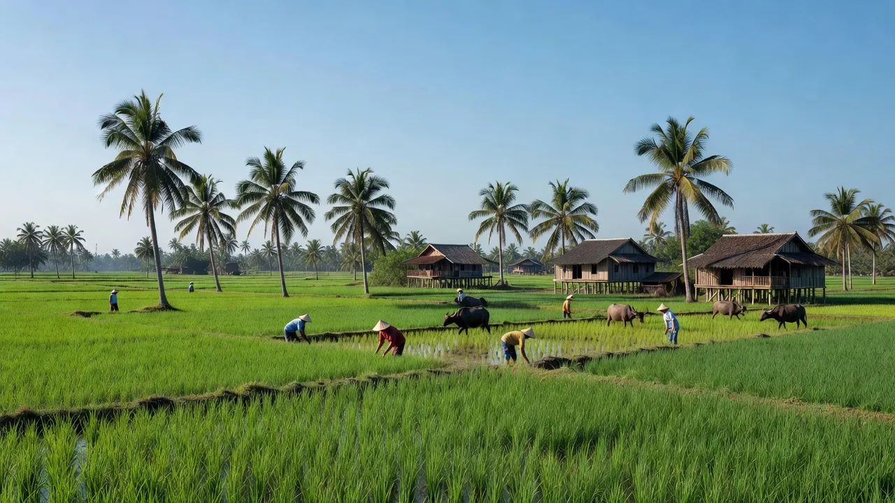 Khung cảnh nông thôn xã Hòa Lộc, huyện Mỏ Cày Bắc, Bến Tre với đồng xanh và cây dừa.