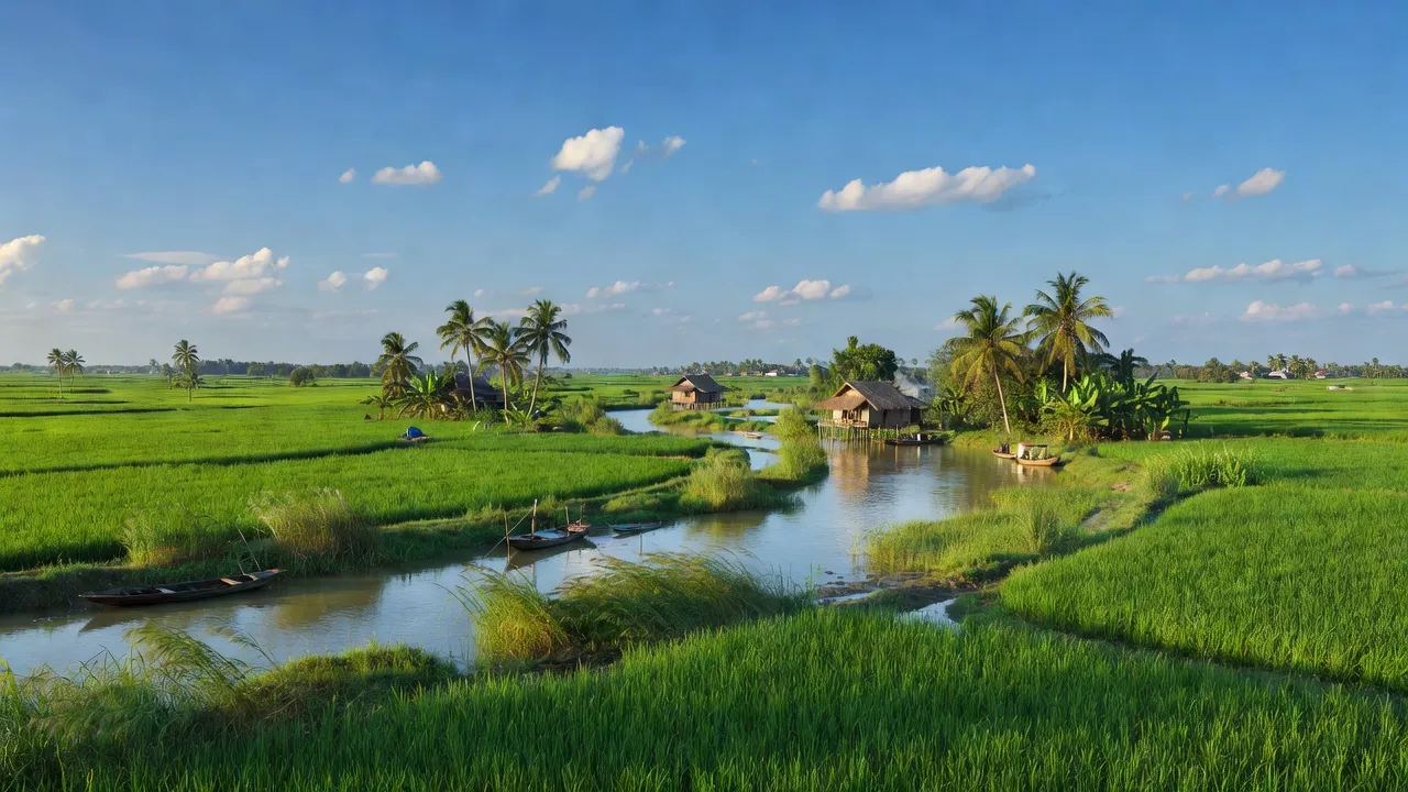 Cảnh quan nông thôn xã Hưng Khánh Trung A, huyện Mỏ Cày Bắc, Bến Tre, với cánh đồng và sông nước.