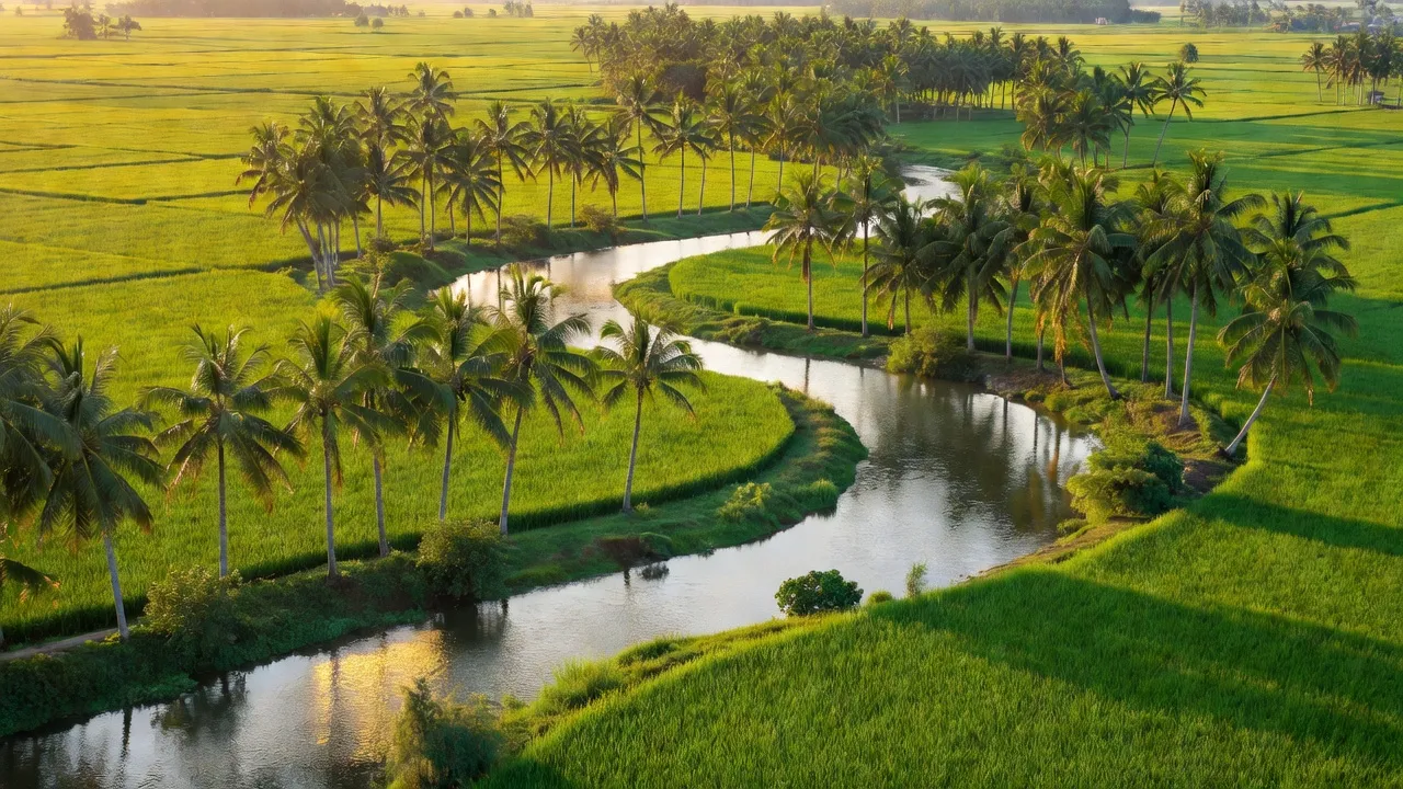 Cảnh quan nông thôn xã Hưng Khánh Trung A, huyện Mỏ Cày Bắc, Bến Tre với sông, dừa và đồng lúa.