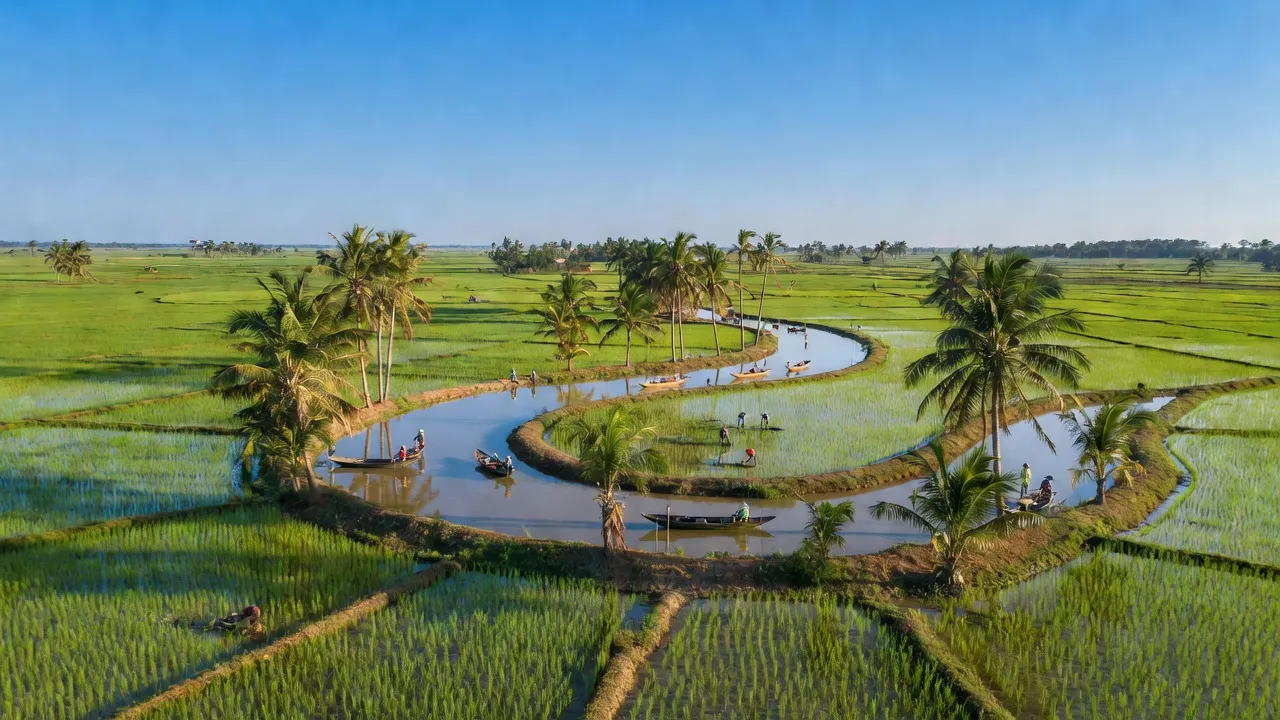 Khánh Thạnh Tân, Mỏ Cày Bắc, Bến Tre with rice paddies and rivers under blue sky.