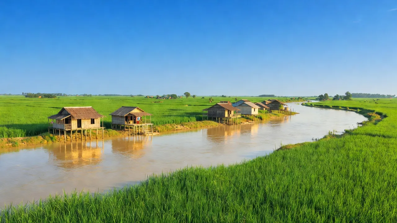 Phong cảnh xã Nhuận Phú Tân, huyện Mỏ Cày Bắc, sông Cổ Chiên, đồng ruộng, ánh sáng mặt trời.