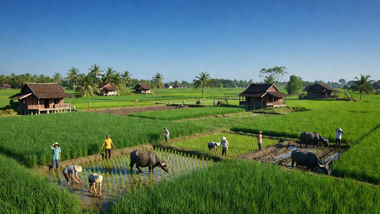 Khung cảnh nông thôn xã Phú Mỹ, huyện Mỏ Cày Bắc, Bến Tre với đồng xanh và nhà truyền thống.