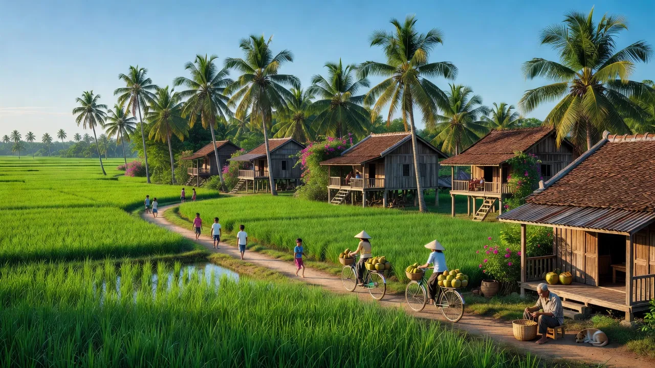 Phong cảnh Thị trấn Phước Mỹ Trung, huyện Mỏ Cày Bắc, Bến Tre với thiên nhiên xanh tươi và đời sống cộng đồng.