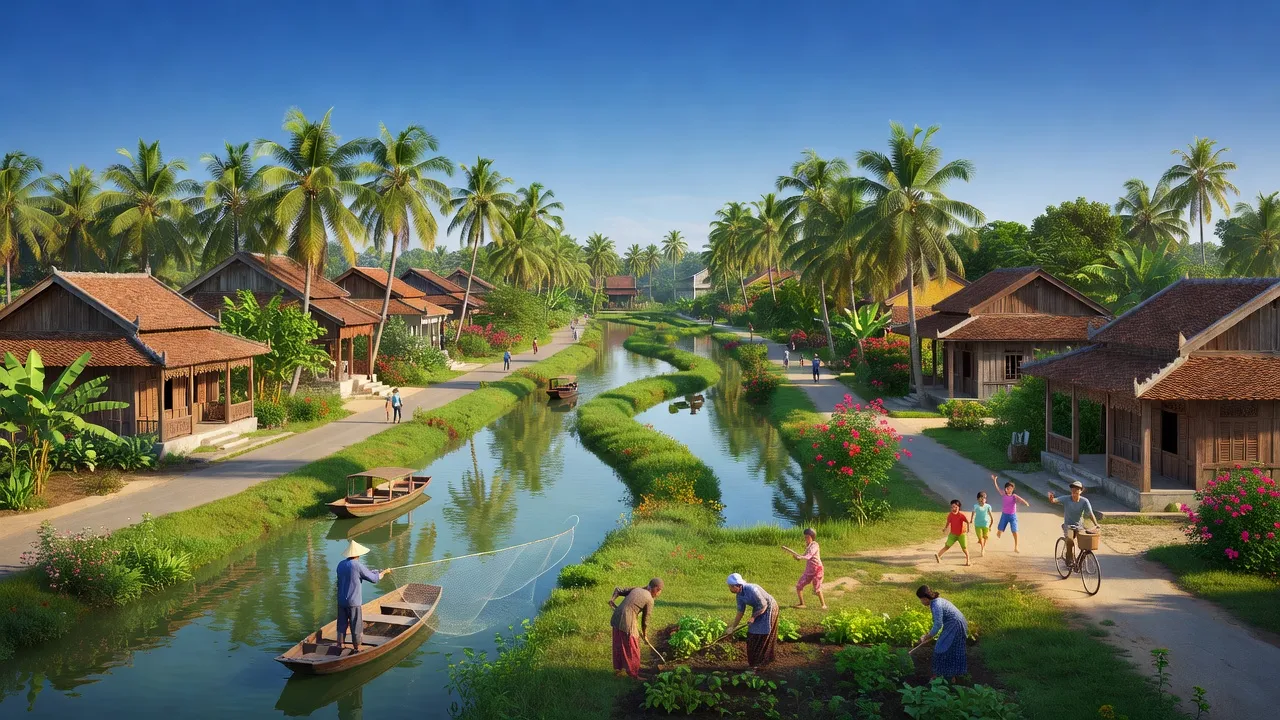 Thị trấn Phước Mỹ Trung, huyện Mỏ Cày Bắc, Bến Tre, với kiến trúc truyền thống và cuộc sống sôi động.