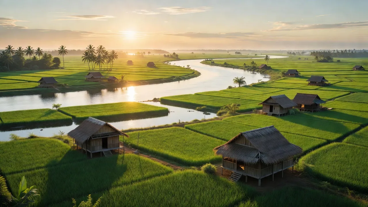 Phong cảnh xã Tân Bình, huyện Mỏ Cày Bắc, Bến Tre với cánh đồng và dòng sông yên bình.