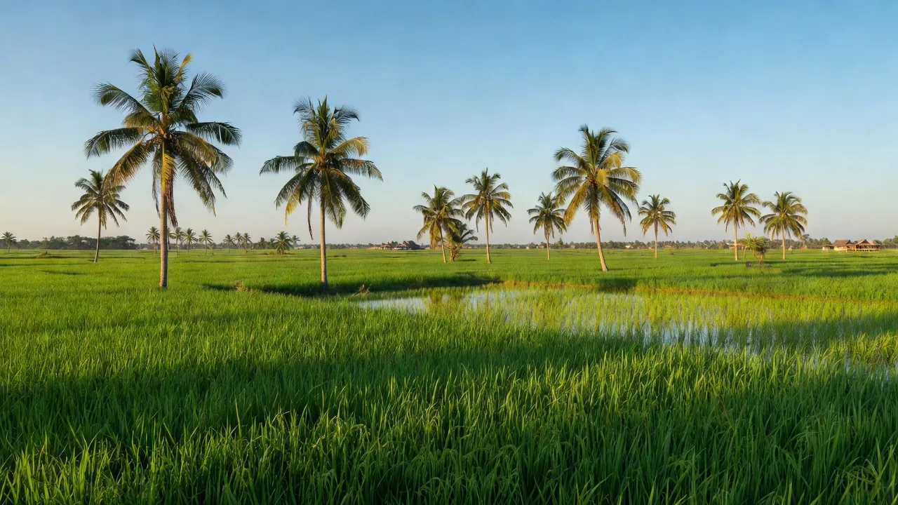 Cảnh đẹp xã Tân Phú Tây, huyện Mỏ Cày Bắc, tỉnh Bến Tre với cánh đồng xanh tươi.