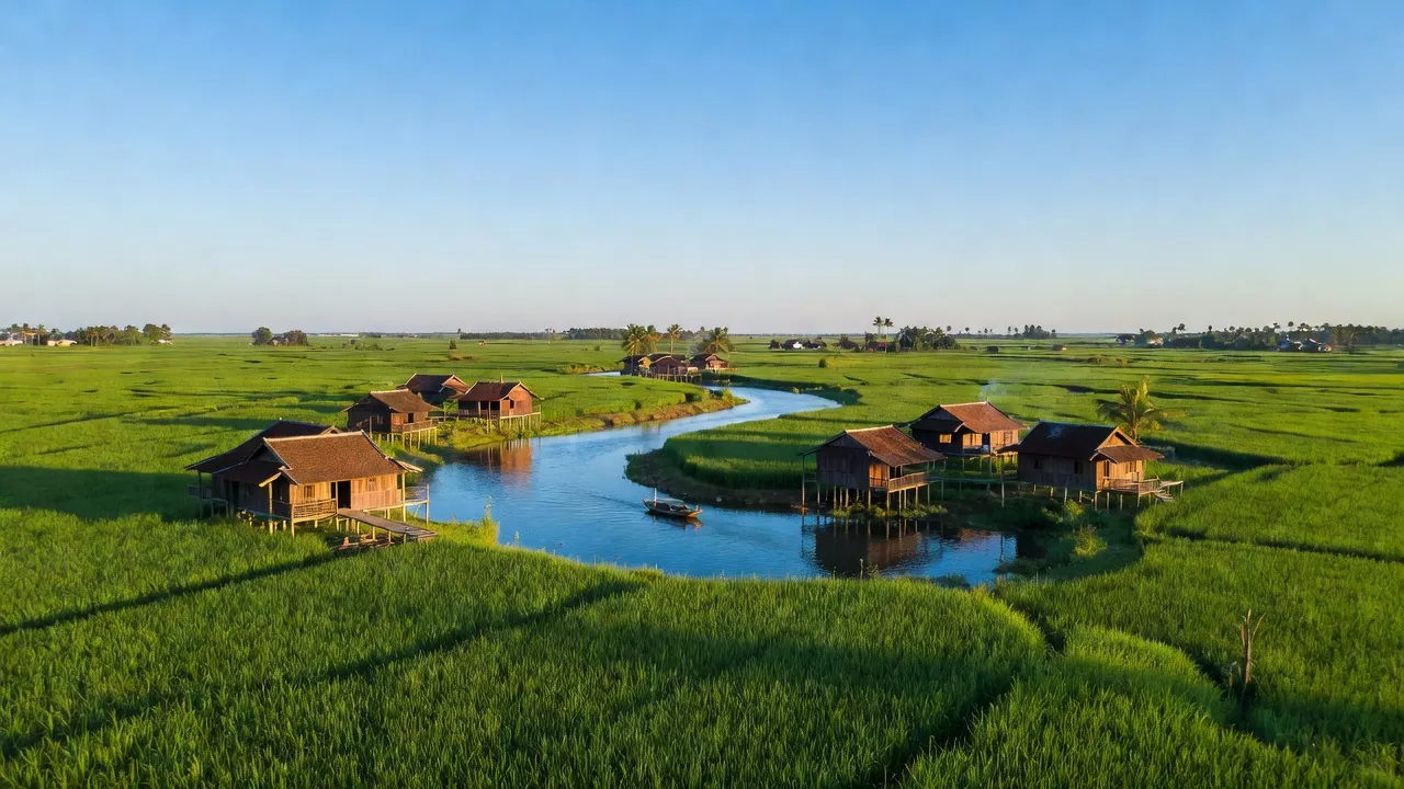 Vẻ đẹp của Tân Thành Bình, Mỏ Cày Bắc với cánh đồng xanh và dòng sông uốn khúc.