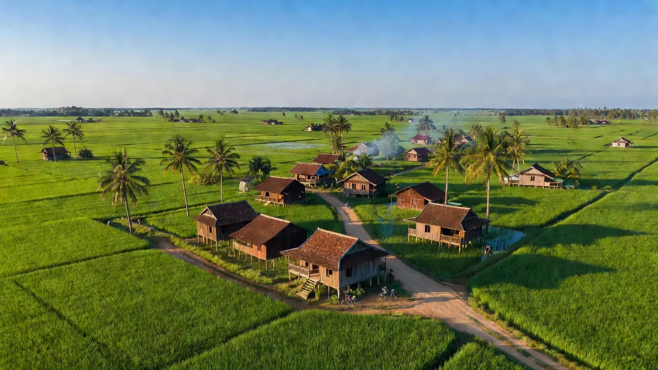 Cảnh quan nông thôn xã Tân Thanh Tây, huyện Mỏ Cày Bắc, Bến Tre với đồng xanh và nhà cổ truyền thống.