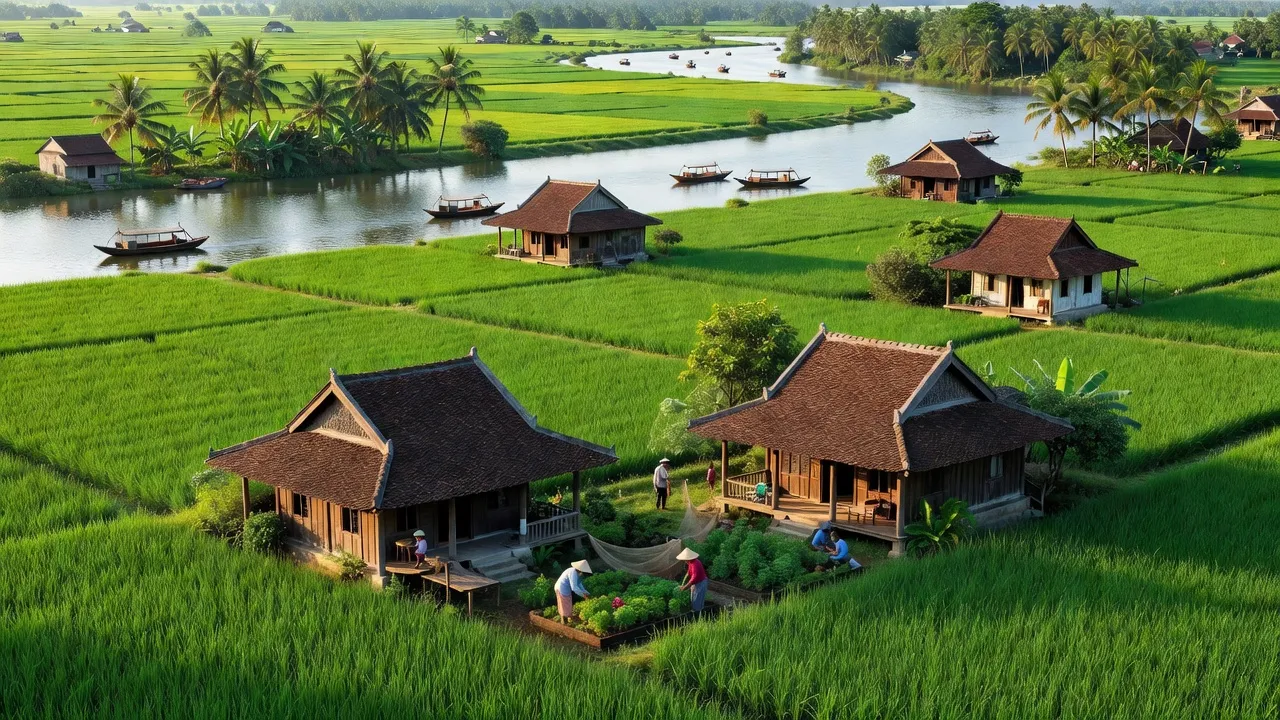 Cảnh quan xã Tân Thanh Tây, Mỏ Cày Bắc, Bến Tre với đồng xanh và nhà truyền thống.
