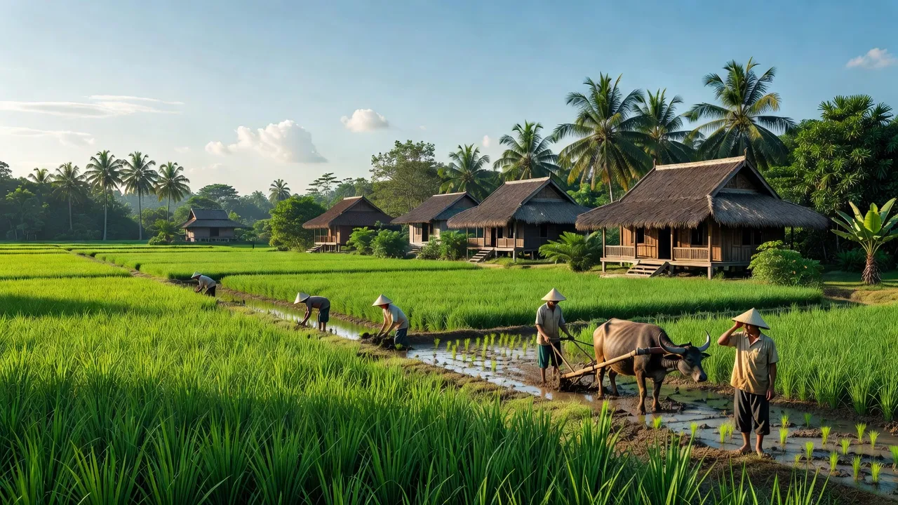 Cảnh quan xã Thành An, huyện Mỏ Cày Bắc, Bến Tre với cánh đồng xanh và nhà truyền thống.