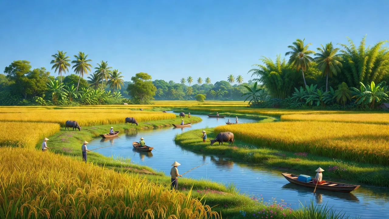Cảnh đẹp xanh tươi của xã Thạnh Ngãi, huyện Mỏ Cày Bắc, tỉnh Bến Tre, với sông và cánh đồng.