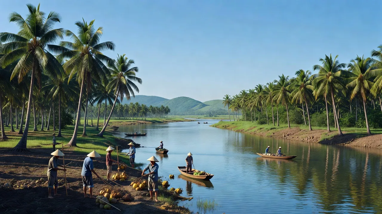 Nông nghiệp và vườn dừa tại huyện Mỏ Cày Nam, Bến Tre, cảnh thiên nhiên yên bình và xanh tươi.