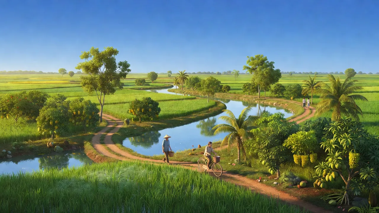 Cảnh đẹp xã An Định, huyện Mỏ Cày Nam, Bến Tre với đồng ruộng và vườn cây trái.