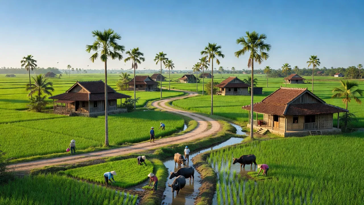 Cảnh quan xanh tươi ở xã An Định, huyện Mỏ Cày Nam, tỉnh Bến Tre với ruộng lúa và cây cọ.