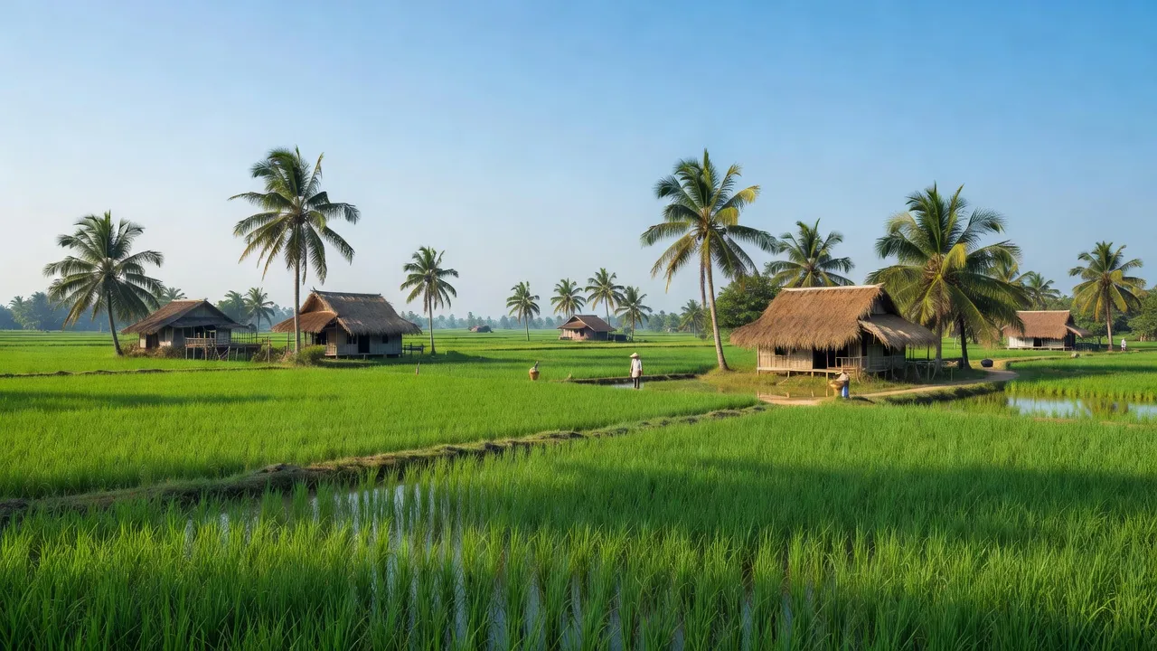 Cảnh làng An Thạnh, Mỏ Cày Nam, Bến Tre với cánh đồng xanh và nhà mái lá.