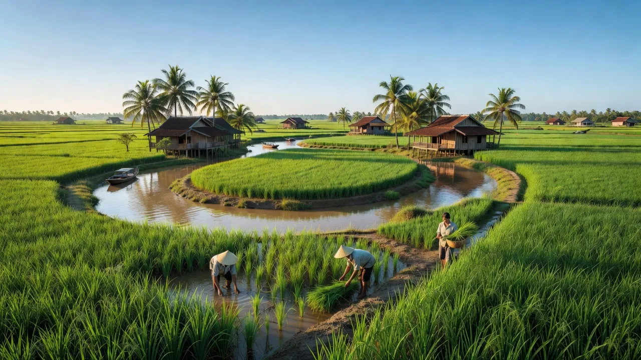 Bức tranh tiết trời đẹp tại xã An Thới, huyện Mỏ Cày Nam, tỉnh Bến Tre với ruộng xanh và sông nước.