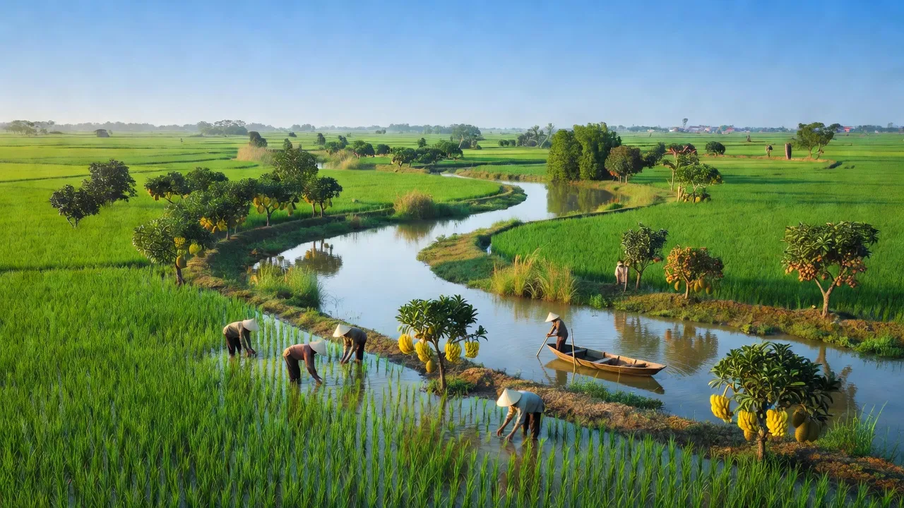 Cảnh quan Xã Định Thủy, Mỏ Cày Nam, Bến Tre với cánh đồng lúa và vườn cây ăn trái.