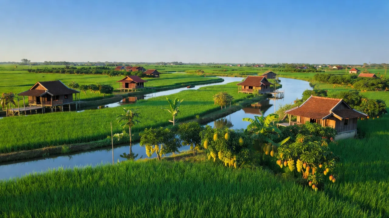 Khung cảnh yên bình của xã Định Thủy, huyện Mỏ Cày Nam, Bến Tre với ruộng lúa và trái cây.