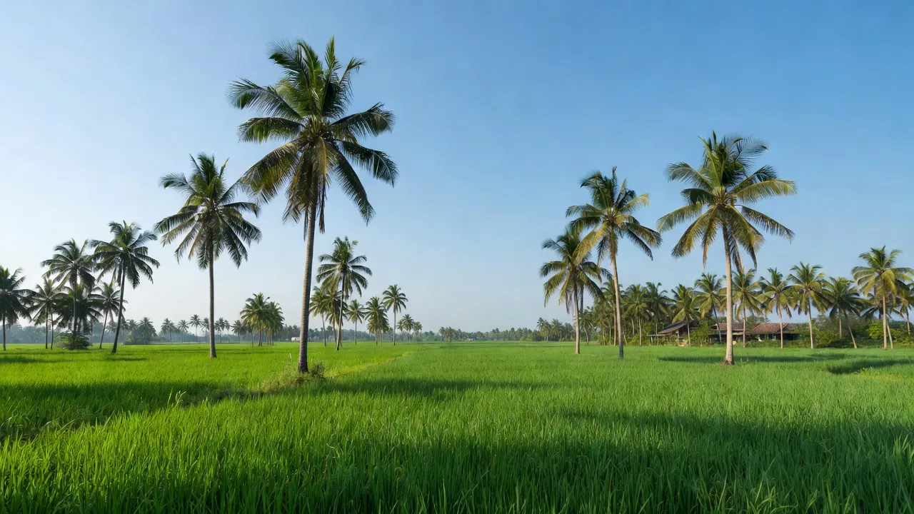 Cảnh quan xã Hương Mỹ, Mỏ Cày Nam, Bến Tre với cánh đồng xanh và cây dừa.