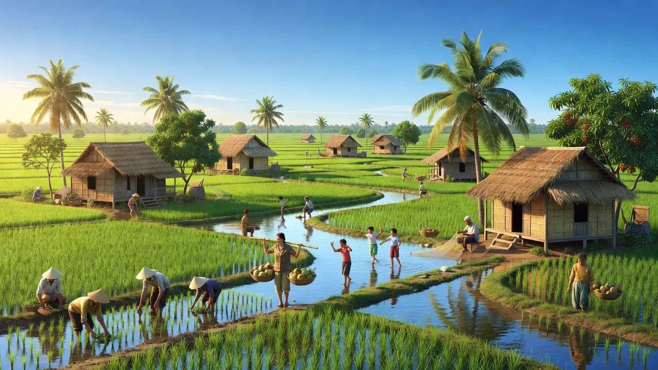 Cảnh đồng xanh ở xã Minh Đức, huyện Mỏ Cày Nam, tỉnh Bến Tre, hình ảnh nông nghiệp tươi đẹp.